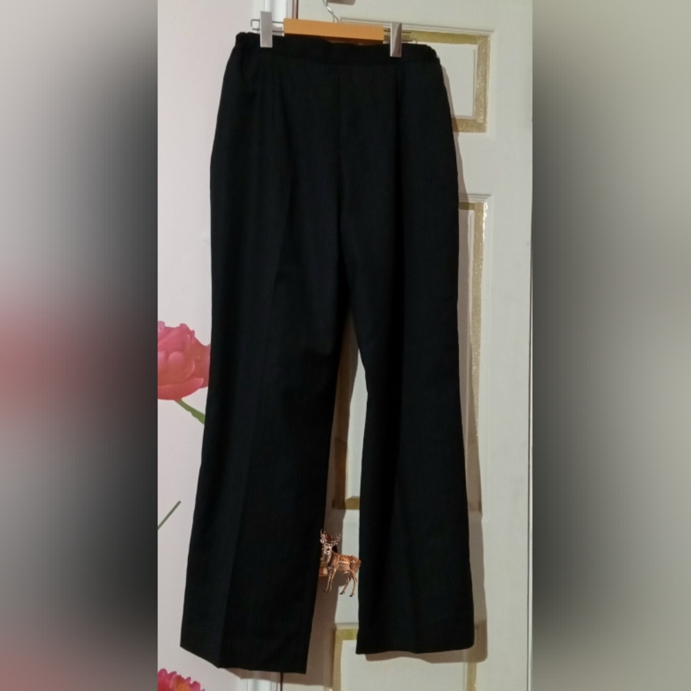 MULBERRY🐞Black Striped Pleated Wool Blend Relaxed Fit High Rise Trousers Sz: 14 - Picture 6 of 10